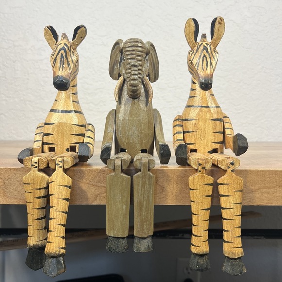 Animal Other - Wooden Shelf Sitters Handpainted Animals 2 Zebra &‎ Elephant Wood Sitting